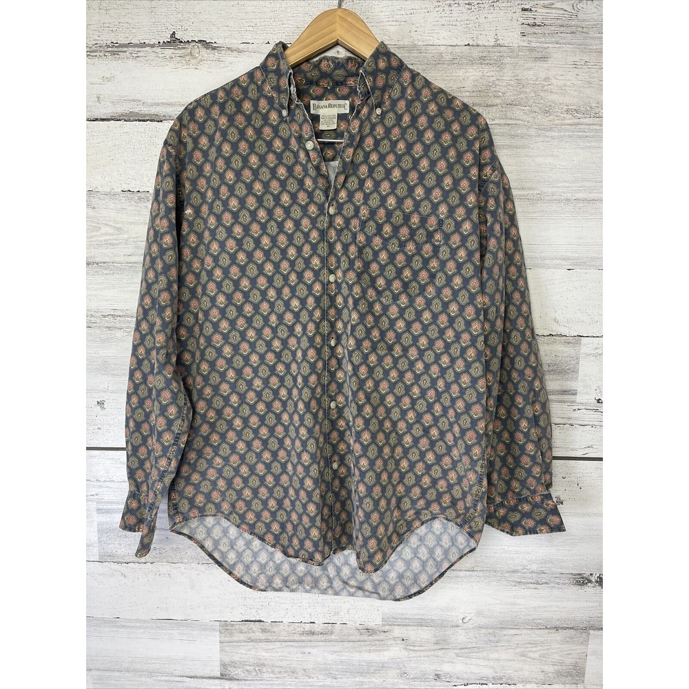 Vintage 90's Banana Republic Men's M 100% Cotton Floral Long Sleeve Button Shirt